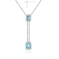 14KT DIAMOND DOUBLE DROP BLUE TOPAZ PENDANT WITH HALO D.16 BT 2.00CT